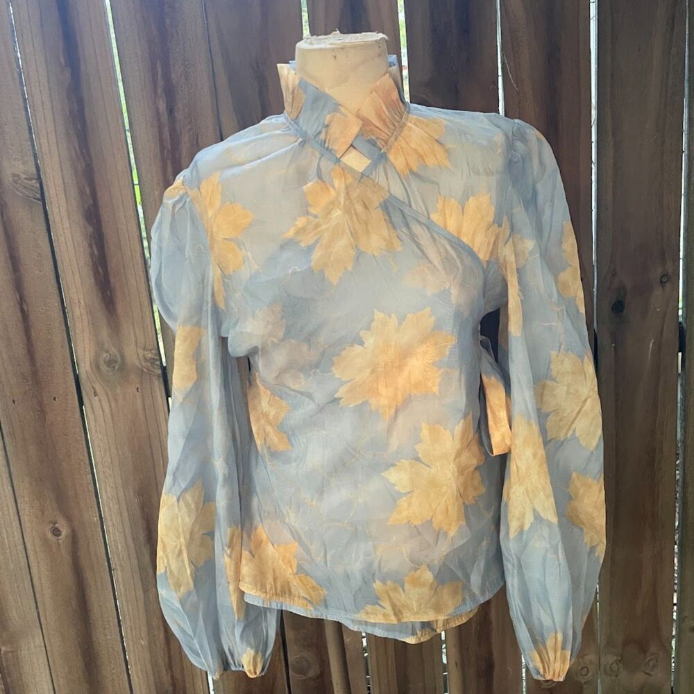 MIDNIGHT VELVET WRAP BLOUSE Top sheer Floral Ruffle Neck XL NWOT
